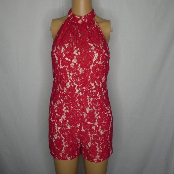 Missguided Red Lace Halter Romper Lined Floral Sz8 - Picture 2 of 12